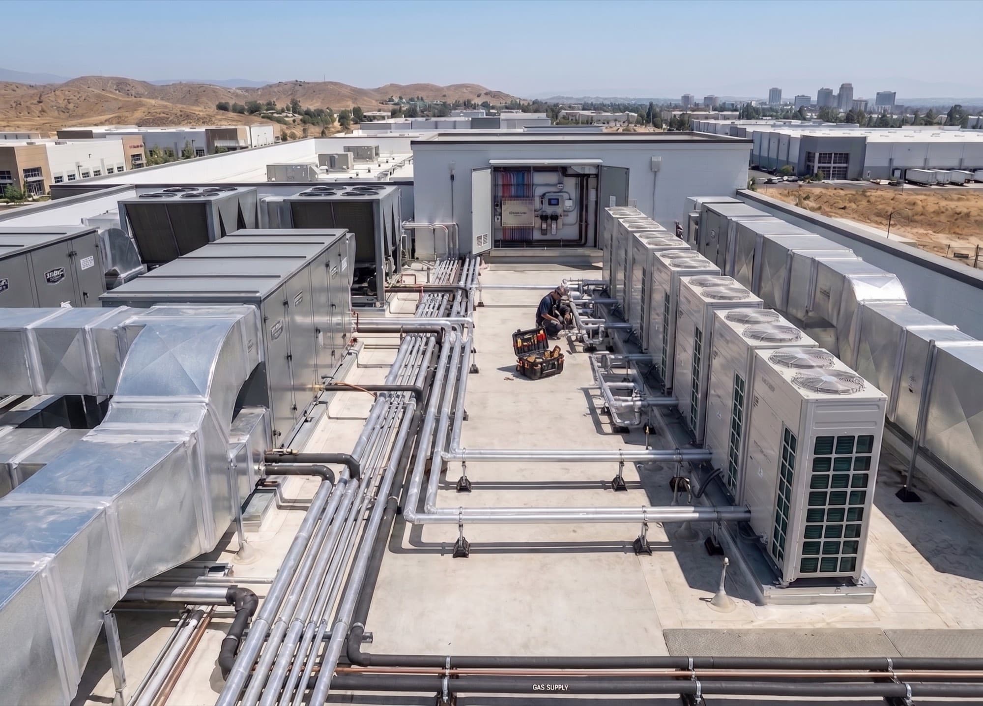 Rooftop mechanical corridor of VRF condensers and ductwork installed by American Air Control