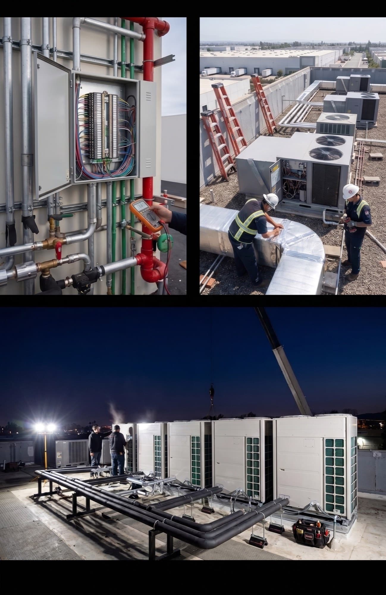 American Air Control technicians on mechanical piping, rooftop ductwork and a night equipment set