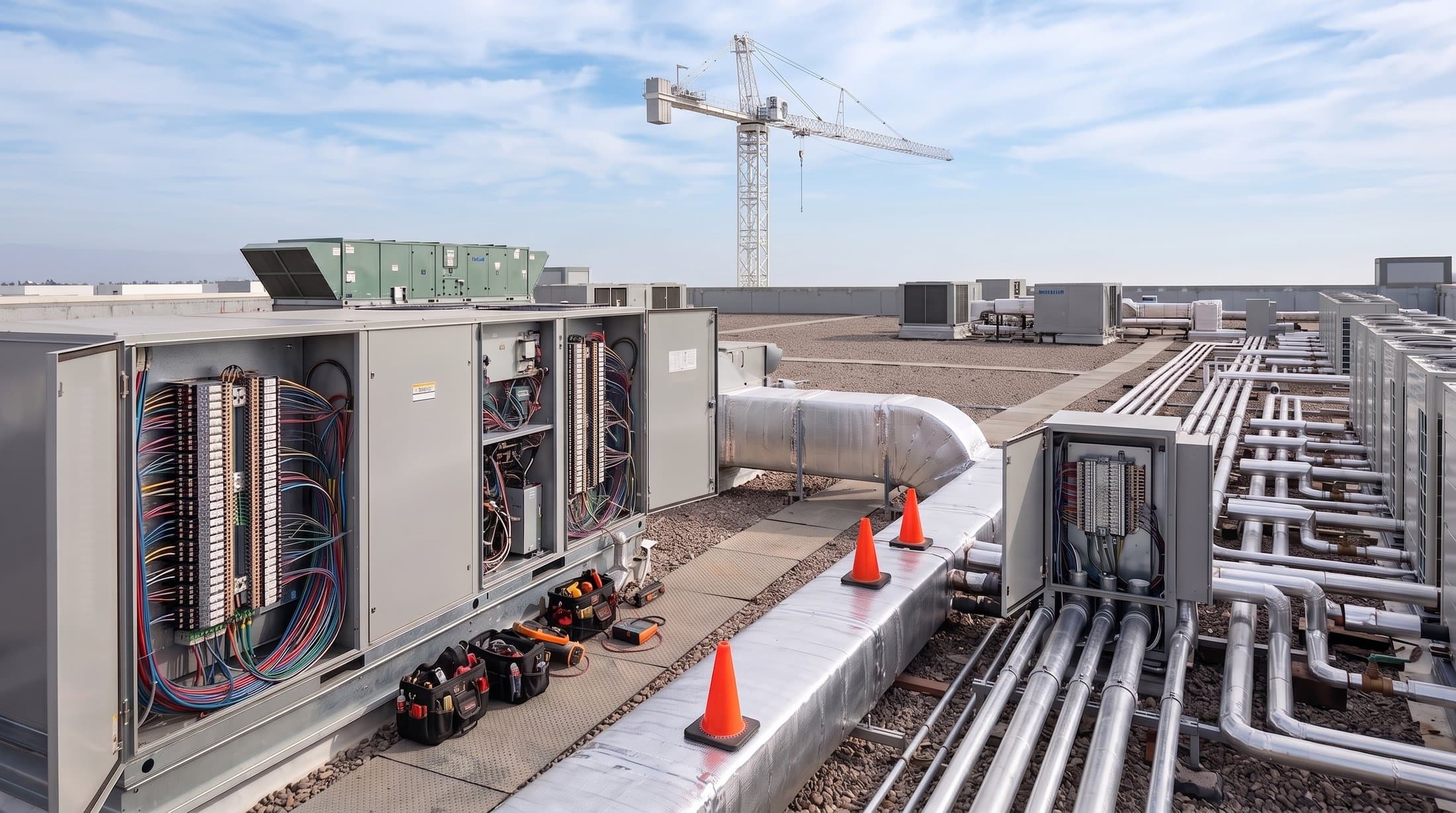 Rooftop mechanical install with open control panels, ductwork and a crane on a Southern California commercial build