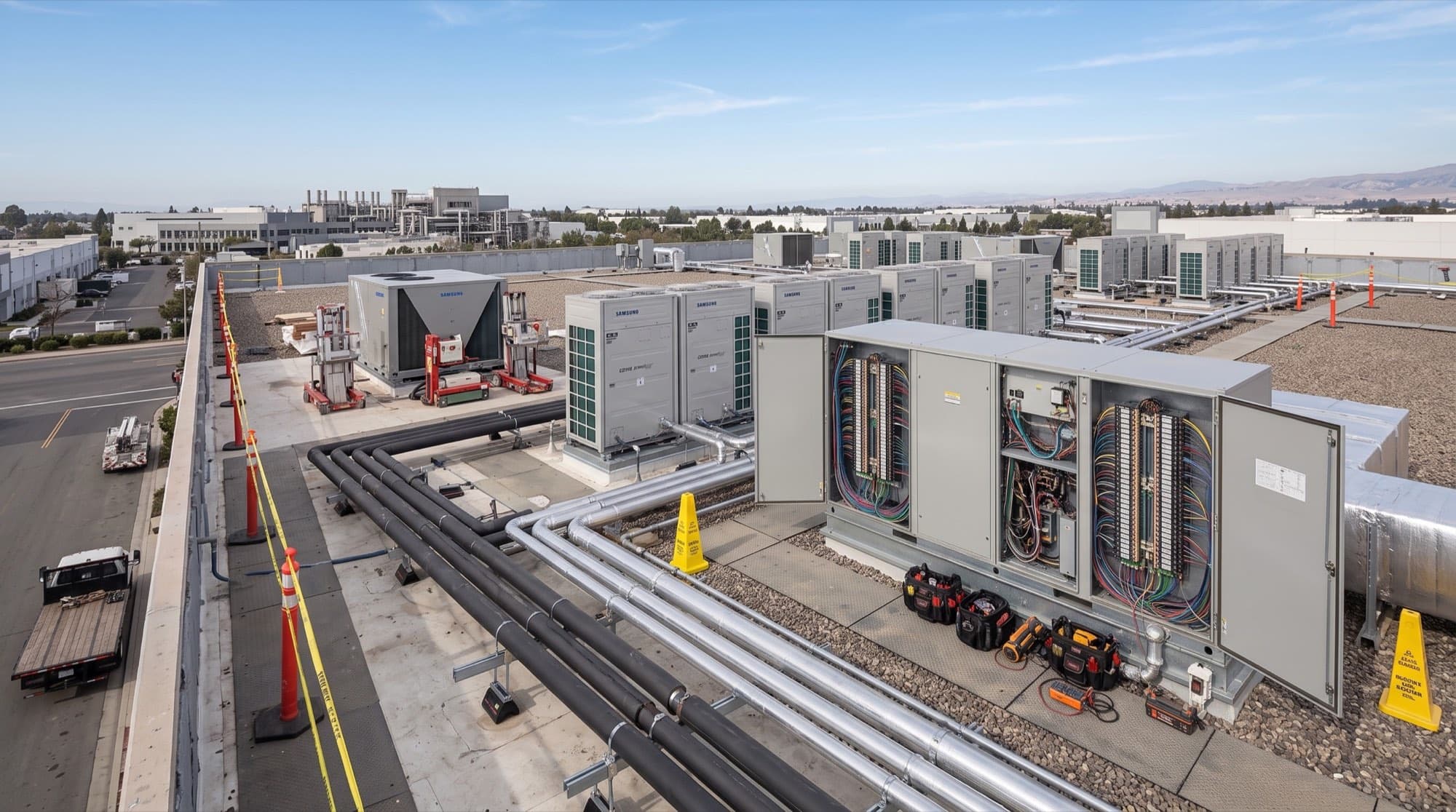 American Air Control technicians commissioning rooftop equipment and controls